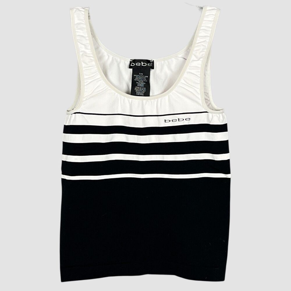 Bebe Black White Striped Logo Tank Top Stretch Fitted Activewear S/M